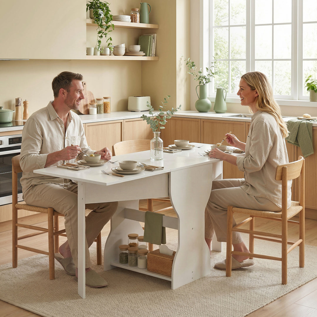 Klapbart spisebord, køkkenbord med opbevaring til 2-4 personer, klapbord til små rum, spisestue, 160 x 60 x 75 cm, hvid