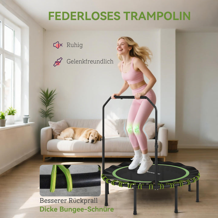 Fitnesstrampolin med justerbart gelænder, sportstrampolin til indendørs og udendørs brug, stål, plastik, grøn