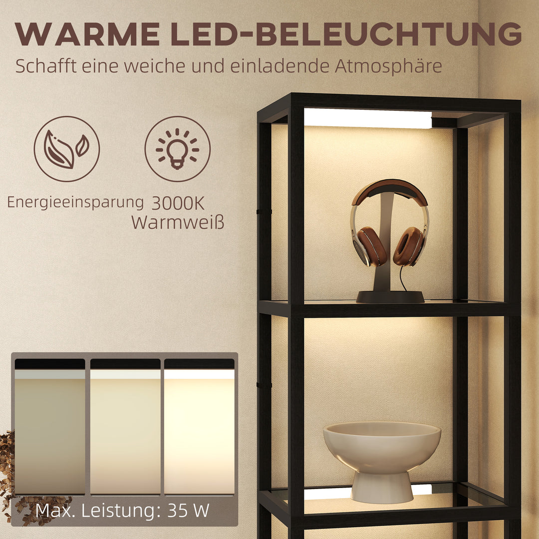 Led-gulvlampe med 4-lags hylde, oplyst hylde med 4 glasrum, fodkontakt, mdf, sort