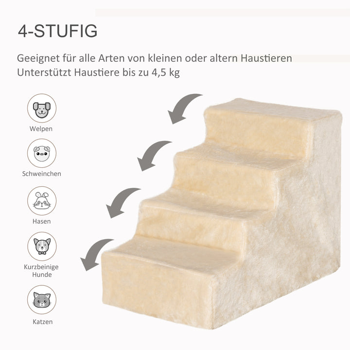 4-Trins hundetrappe, 35 cm kattetrappe til seng og sofa, kæledyrstrappe til hunde og katte op til 5 kg, plyslook, beige