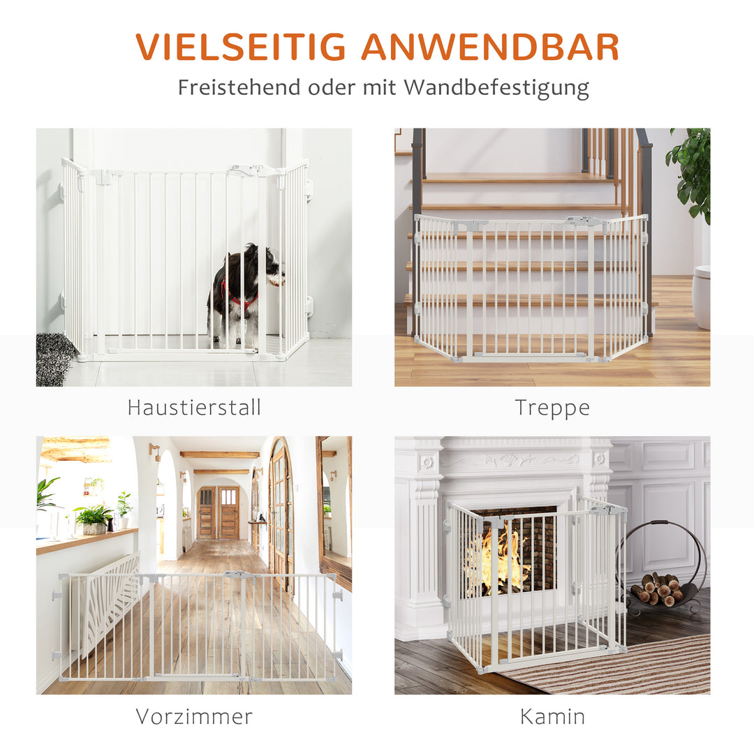 Hundebarrierer sikkerhedslåge kæledyrssikkerhedslåge justerbar foldbar pejsrist med automatisk lukning 3 paneler til komfur vægmonteret/fritstående hvid 202,5 x 76 cm
