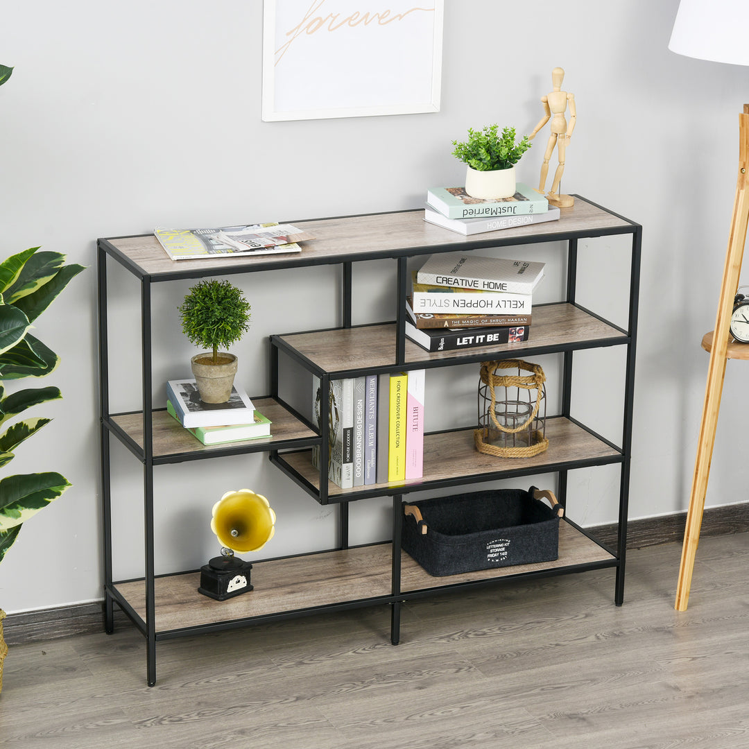 Fritstående hylde, bogreolopbevaringshylde industriel stil, arkivhylde, køkkenhylde, p2 spånplade, metal, sort+lys eg, 120 x 32 x 95 cm