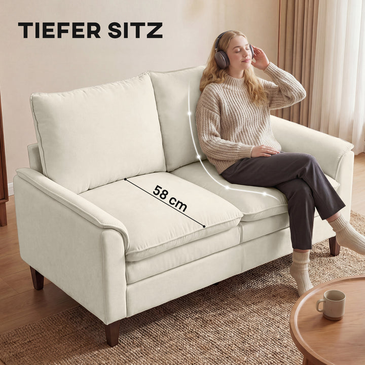 146 cm to-personers sofa, chenille sofa med dobbeltbetræk, fjerhynder, dybt sæde, højt ryglæn, cremefarvet