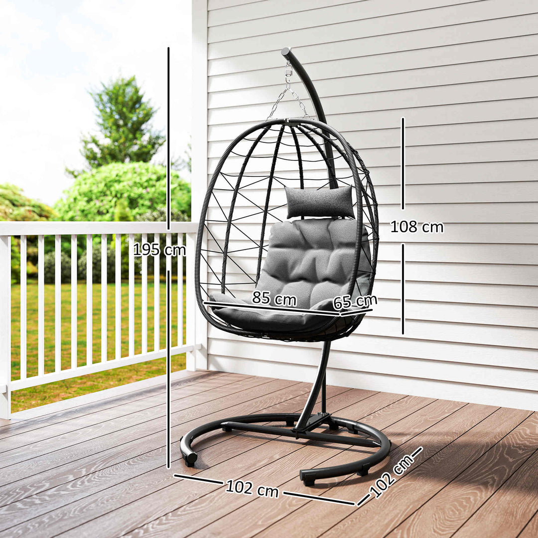 Udendørs hængestol, Æggestol, vejrbestandig, inklusive hynde, 102 cm x 102 cm x 195 cm, mørkegrå
