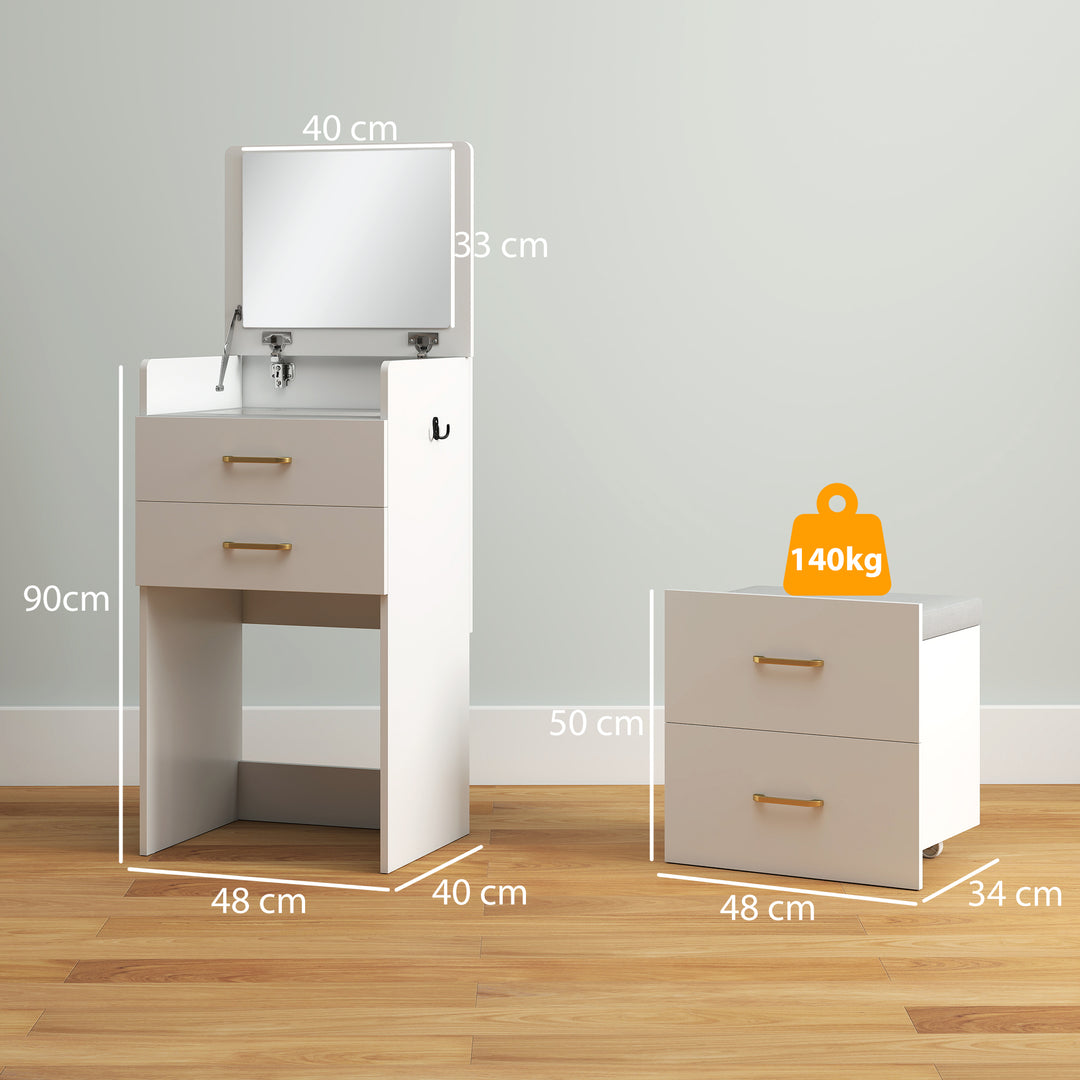 3-i-1 toiletbord med spejl, sengebord, rullestol, skuffer, hvid