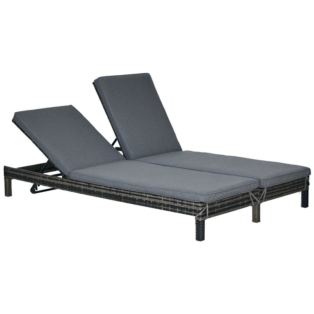 Dobbelt liggestol i polyrattan, havestol til 2 personer, afslapningsstol, luksuslounge, ryglæn med 5 positioner, metal, PE-rattan, grå, 196 x 120 x 28 cm