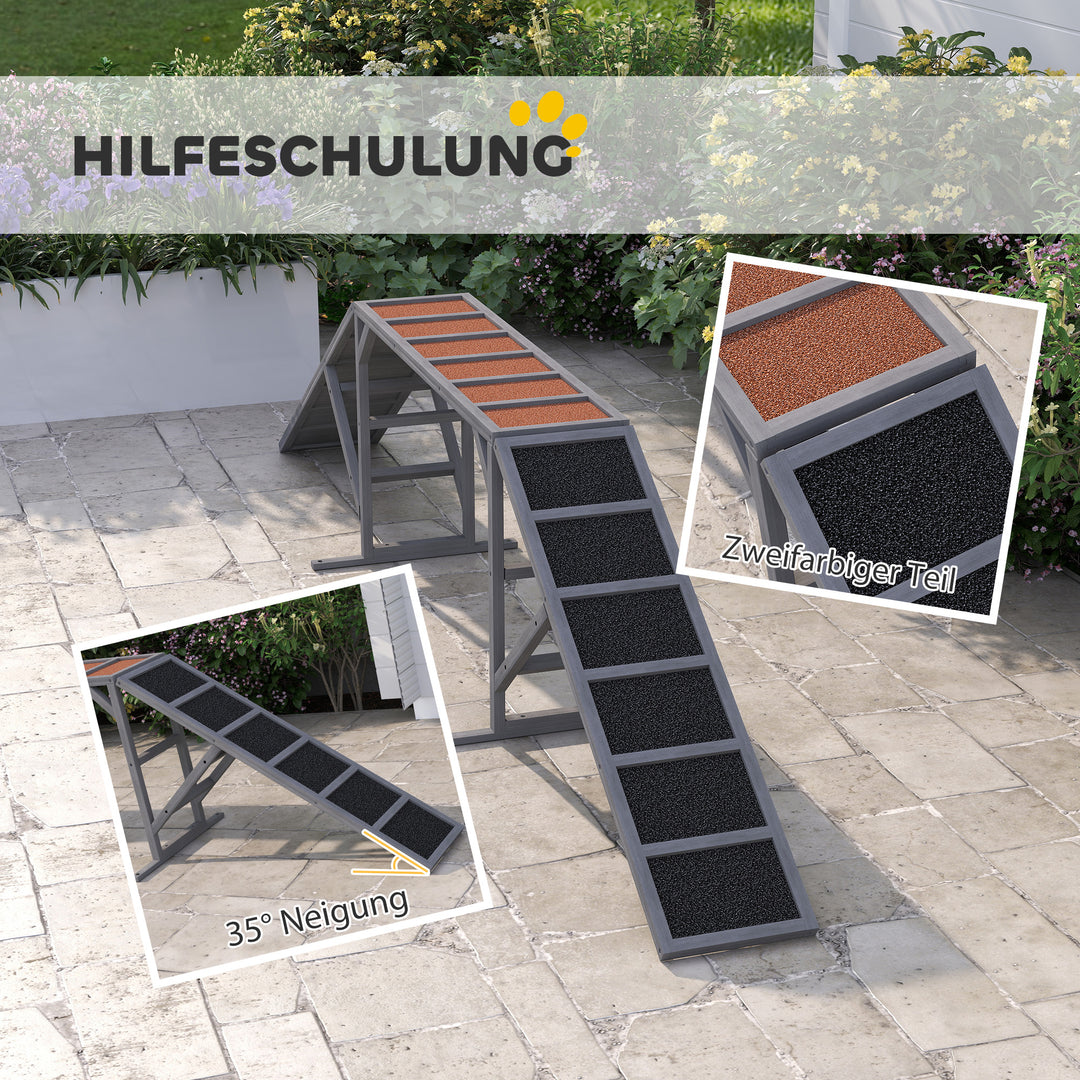 Hundeagilitybro med sikkerhedsstang, skridsikker overflade, vejrbestandig, agilityudstyr til hunde op til 40 kg, 335x55x60 cm, grå