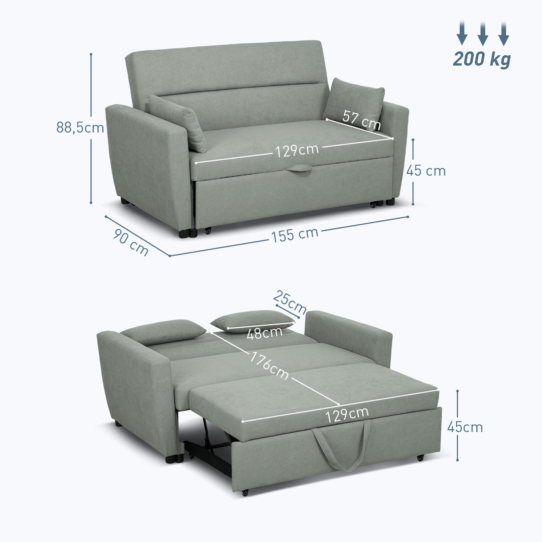 2-Personers sofa med sengefunktion, justerbar ryglæn, polstret sofa, fløjlslook, til stue, soveværelse, lysegrå
