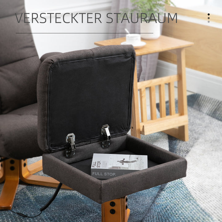 Lænestol med fodskammel, opbevaringsplads, elektrisk massagestol med lænefunktion, drejelig tv-stol med sidelomme, fjernbetjening, træramme, polyester, brun