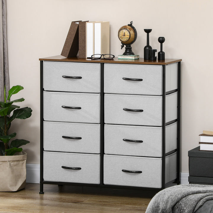 Kommode med 8 stofskuffer, metalramme, hylde, 80 x 30 x 81,5 cm, grå/sort