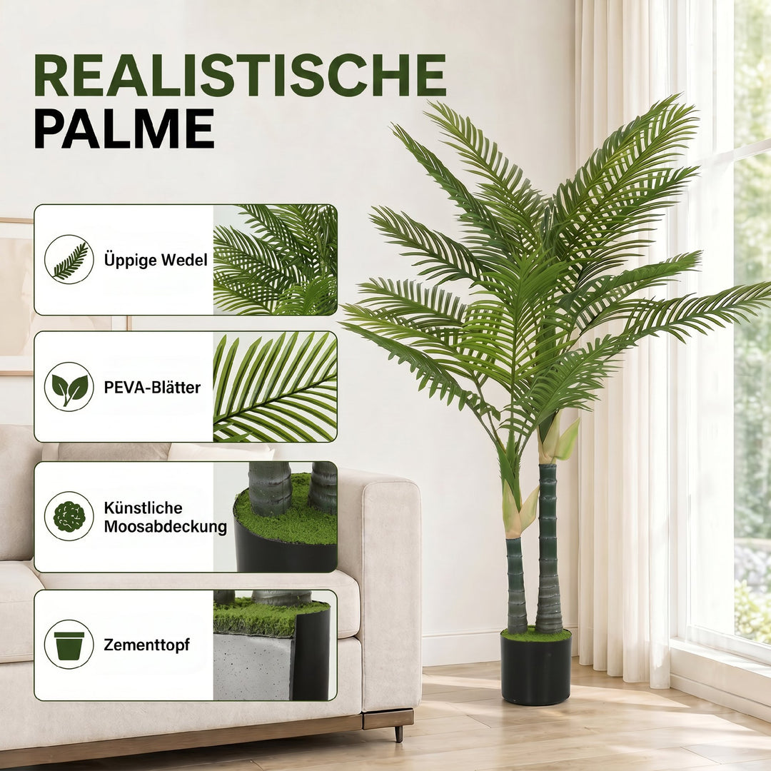 Kunstig palme 150 cm, kunstig palme med 16 palmeblade, stor kunstig plante i potte til stue, balkondekoration, grøn