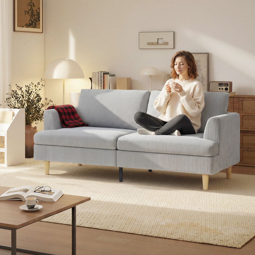 3-personers sofa, armlænssofa, polstret sofa med fløjlslook til stue, lysegrå