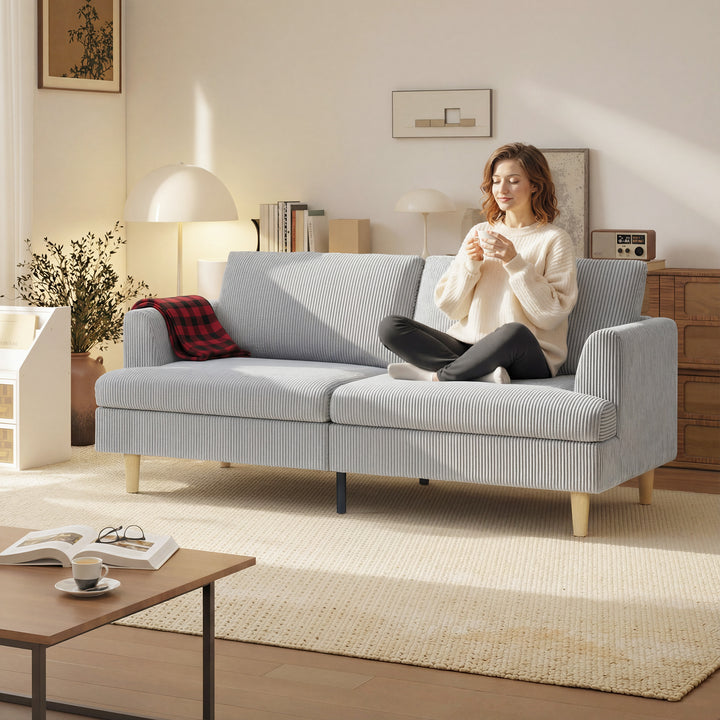 3-personers sofa, armlænssofa, polstret sofa med fløjlslook til stue, lysegrå