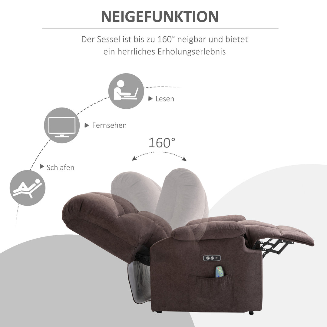 Massagestol med stand-up-hjælp, afslappende stol med stand-up-hjælp, inklusive fjernbetjening, usb-interface, brun