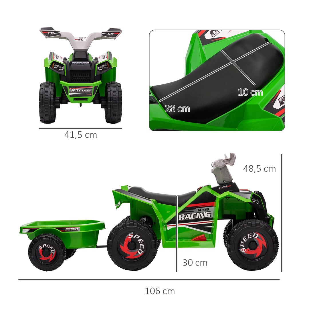 Børne atv, genopladelig, 2,5 km/t, med anhænger, 50 min. køretid, til børn 1,5 til 3 år, grøn