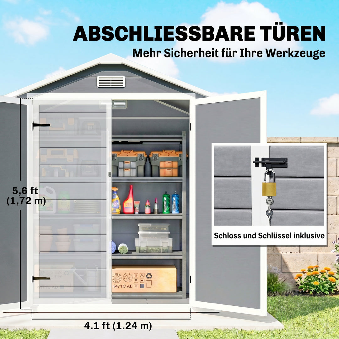 Metalhaveskur, aflåseligt, dobbeltdør, vindue, aluminiumsramme, 1,80 x 1,30 x 2,10 m, grå