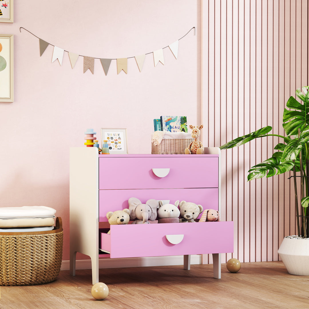 Børnekommode med 3 skuffer, mdf, opbevaringsskab til børn, pink+hvid