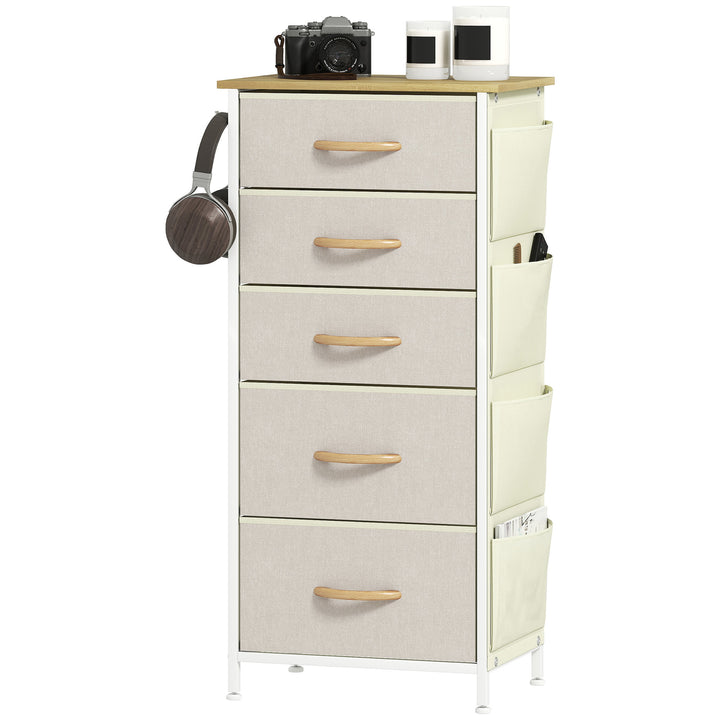 Kommode med 5 skuffer i fiberdug med kroge, beige