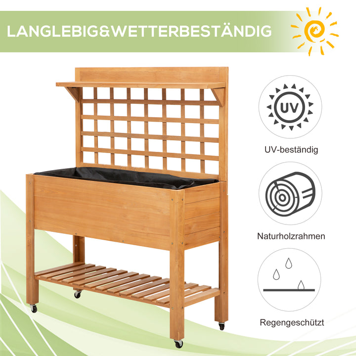 Højbed plantebord blomsterbord arbejdsbord havebord drivhus træ plantebord til have balkon, 105 x 40 x 135 cm, gran, ikke-vævet stof, brun