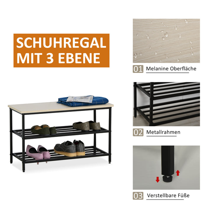 2-I-1 garderobesæt til entré med bænk, vægmonteret knagerække til entré, 6 kroge, natur+sort, 75 x 30 x 45 cm (bænk)