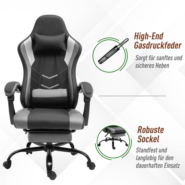 Ergonomisk gamingstol, kontorstol, skrivebordsstol, drejestol, højdejusterbar, justerbar lændehynde med fodstøtte, sort, 62 x 52 x 128 cm