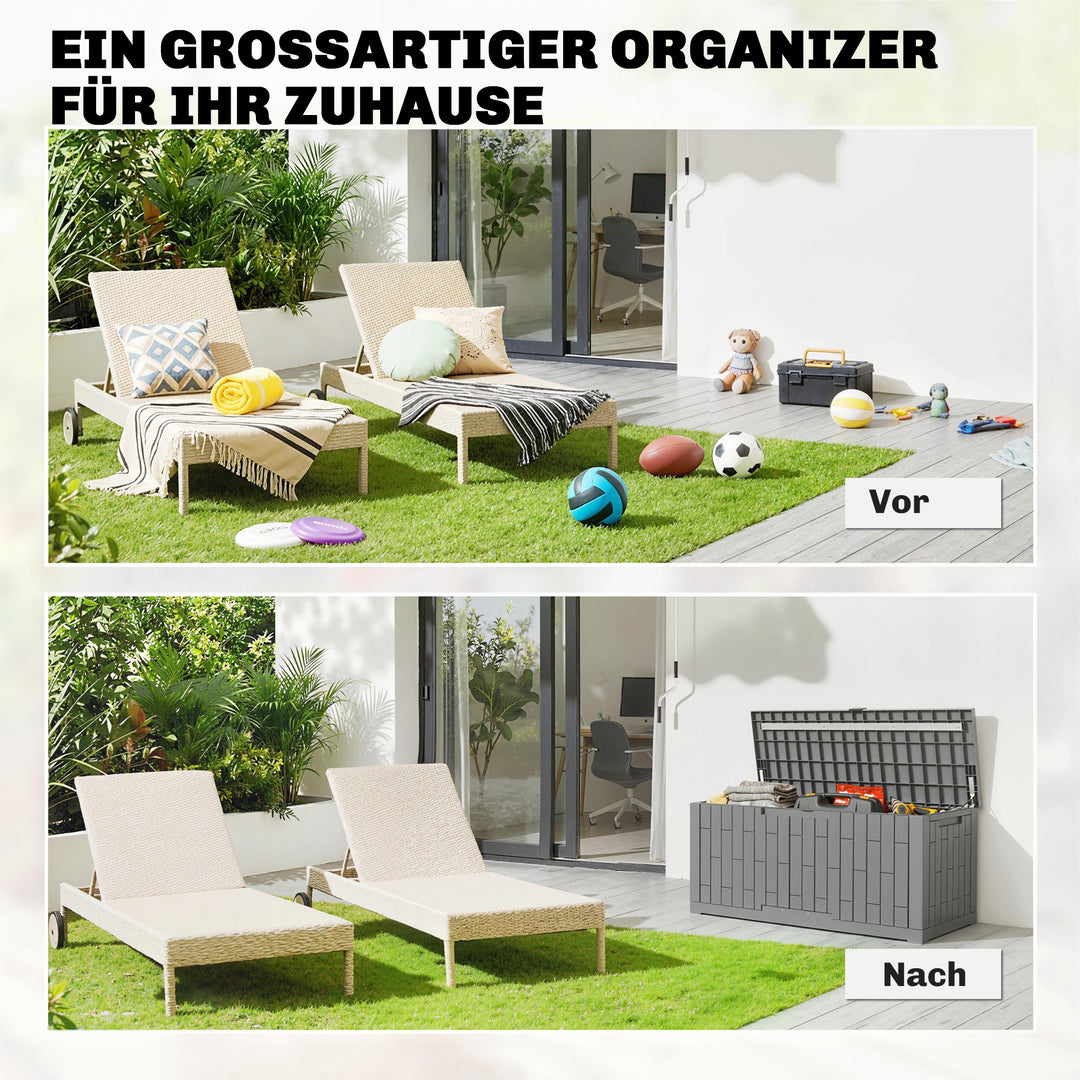 Haveopbevaringskasse, 379 liter, vandtæt, aflåselig, UV-bestandig, med trælook-finish, til havebrug, 122,5 x 56 x 62 cm, grå