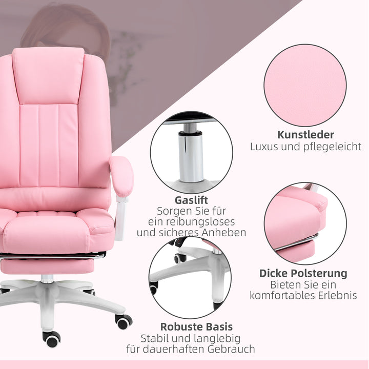 Kontorstol med fodstøtte, justerbar ryglæn, højdejusterbar, 5 hjul, pink + hvid