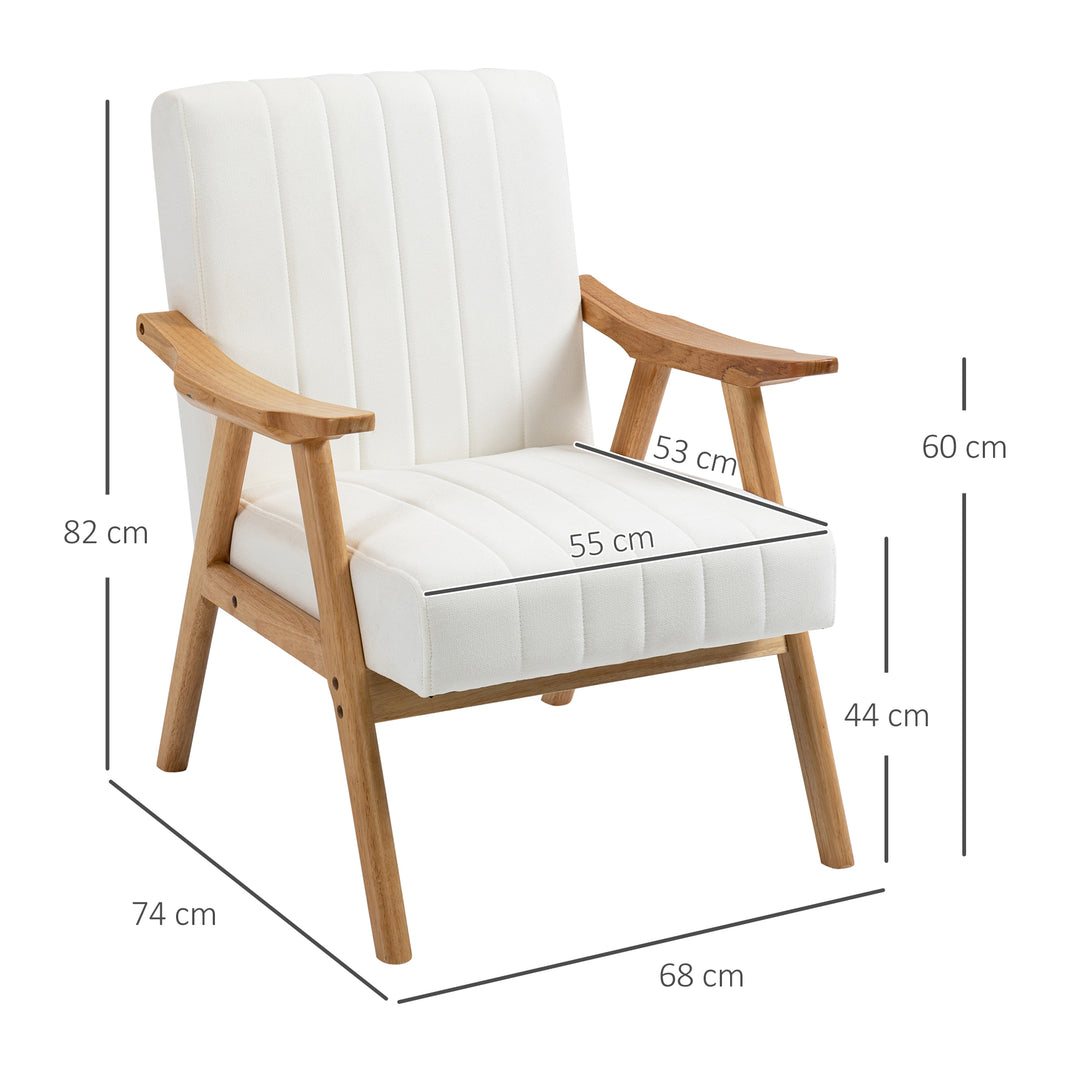 Polstret lænestol i skandinavisk design, fløjlslook, massivt træstel, 68 x 74 x 82 cm, natur + creme