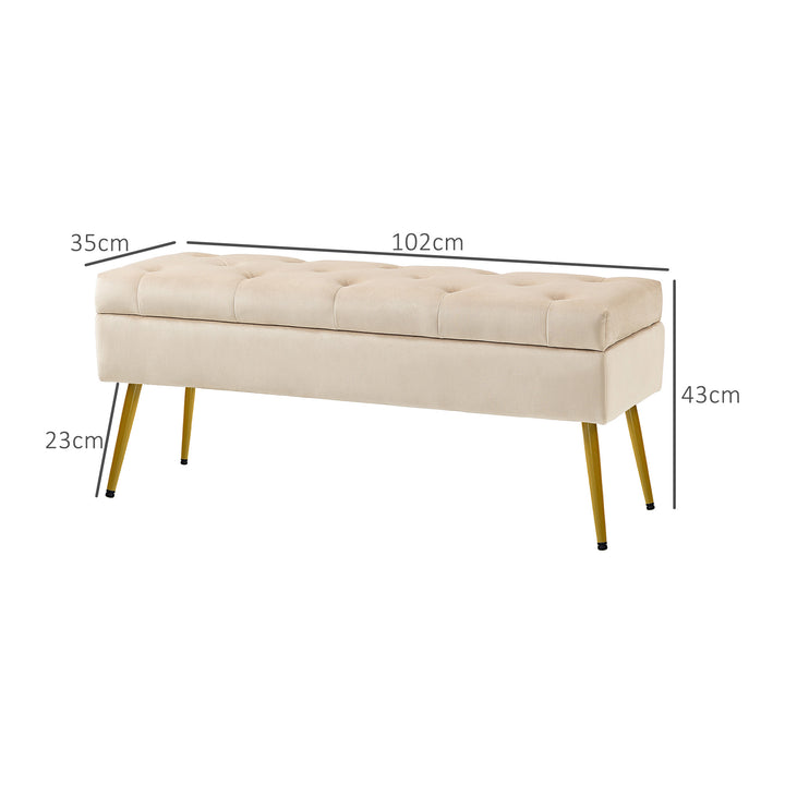 Fløjlsbænk med opbevaring, polstret fodskammel og tuftet design, metalstel, 102 x 35 x 43 cm, beige