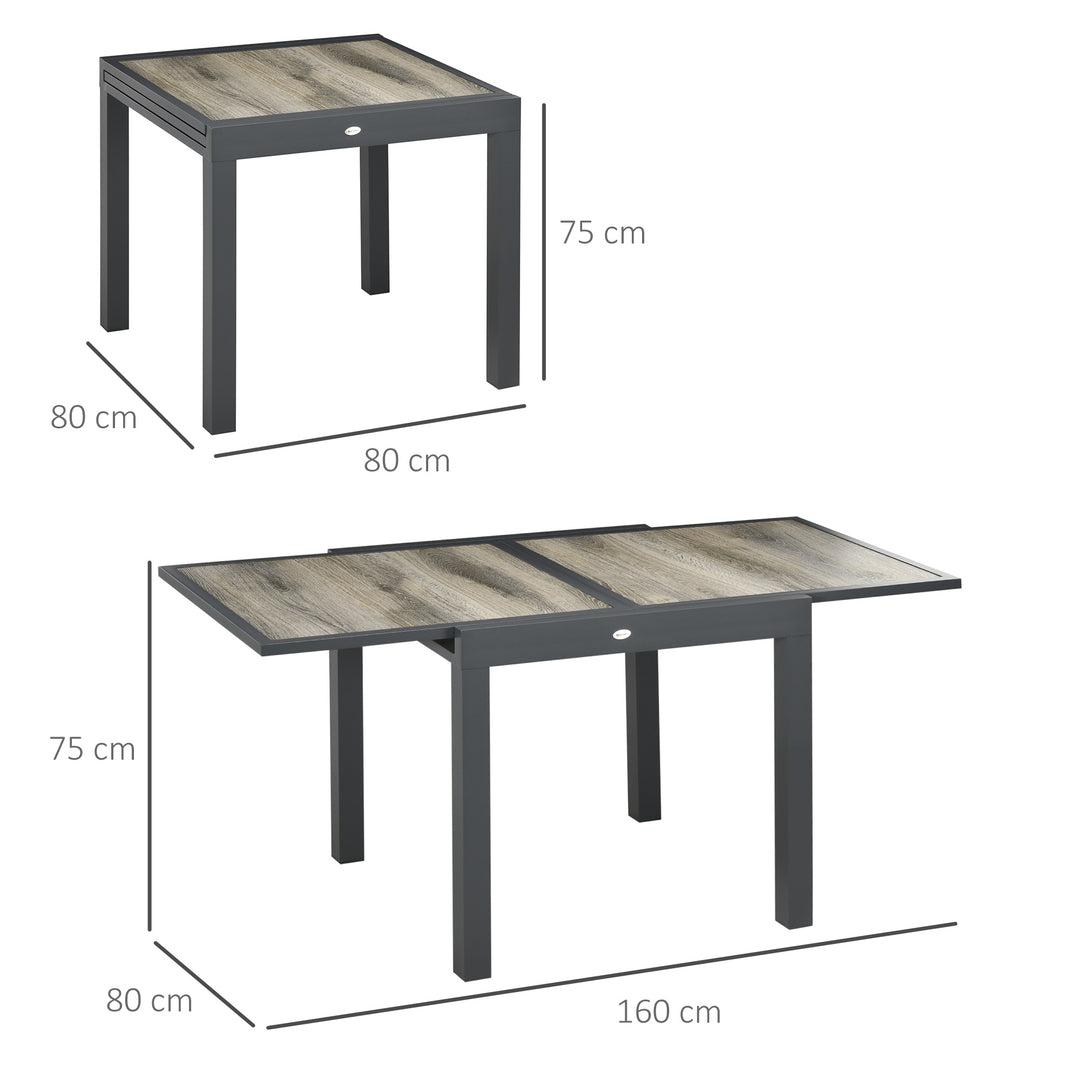 Udtrækkeligt havebord, let at rengøre, aluminiumsstel, trælook, 160 x 80 x 75 cm
