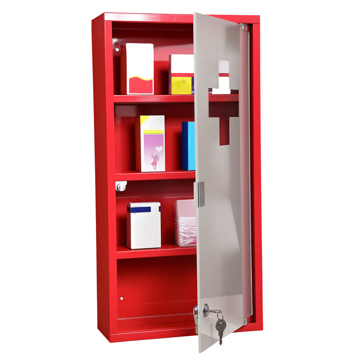 Medicinskab medicinskab med 3 niveauer førstehjælpsskab med lås apotekerskab med frostet glasdør stålrød 27 x 57 x 12 cm