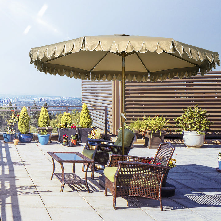 Parasol, med frynser, vipbar, med håndsving, stål+polyester, khaki, Ø264 x 240 cm