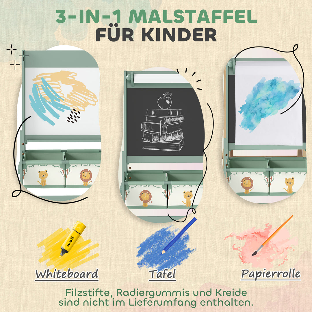 Børnestaffeli 3 i 1 børnetavle med tavle, whiteboard, papirrulle, 2 opbevaringskasser, til 3-8 år, grøn