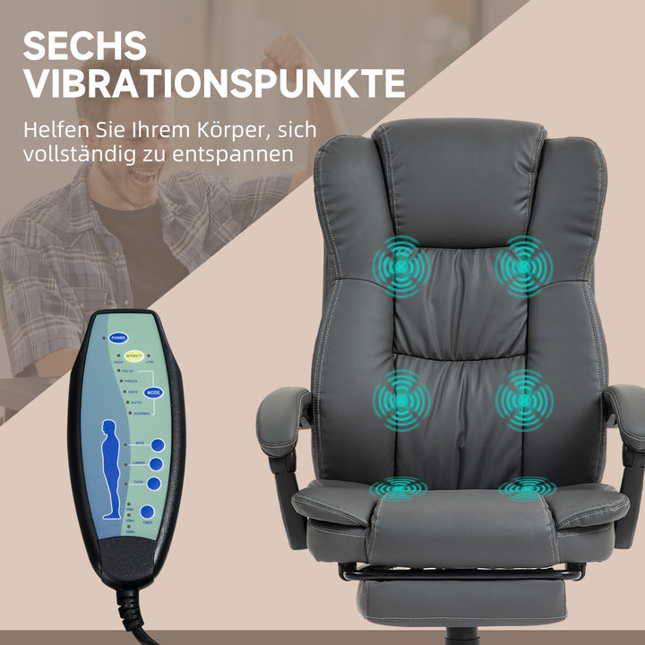 Justerbar drejestol med fodstøtte, nakkestøtte, massagefunktion, kunstlæder, 68,5 x 68,5 x 113-121 cm, mørkegrå
