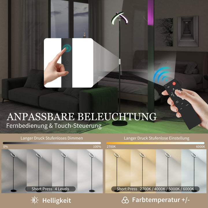 RGB-gulvlampe, dæmpbar lampe med flerfarvede lysmuligheder, drejelig, sort