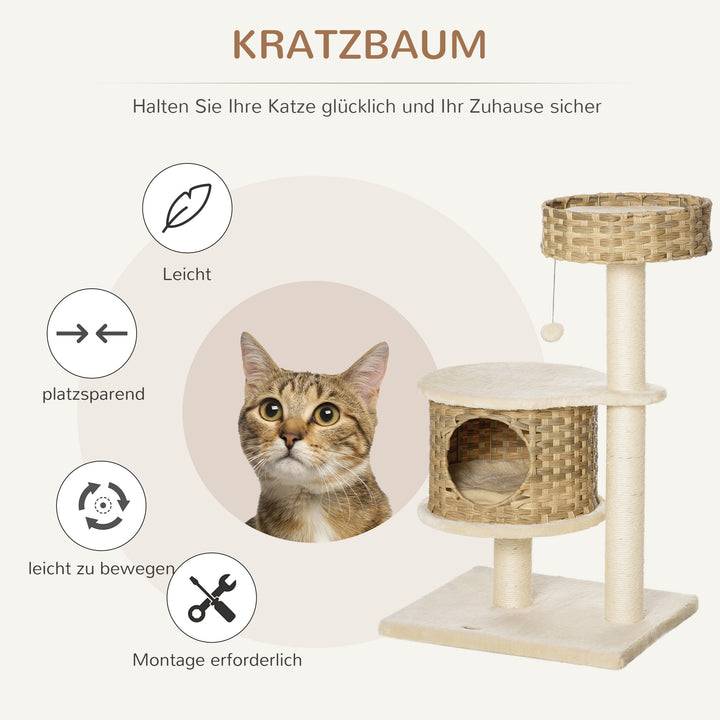 Kradsetræ rattan 95 cm højde 3-lags kradsetræ med platform, katteseng, klatretræ med kattehule sisalstolper legebolde kattemøbler sisal naturlig+beige