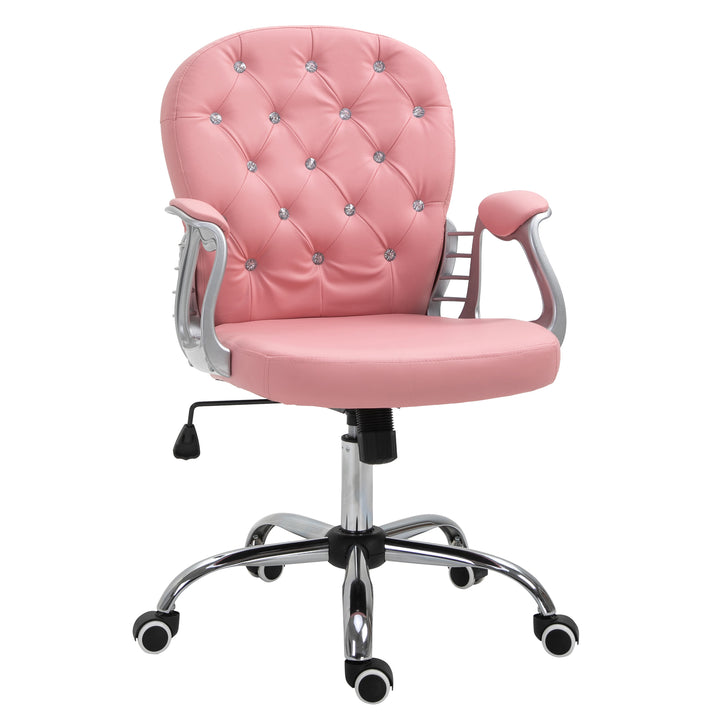 Kontorstol, ergonomisk skrivebordsstol med armlæn, polstret ryglæn, højdejusterbar computerstol med kunstlæderlook, drejestol til hjemmekontor, lyserød