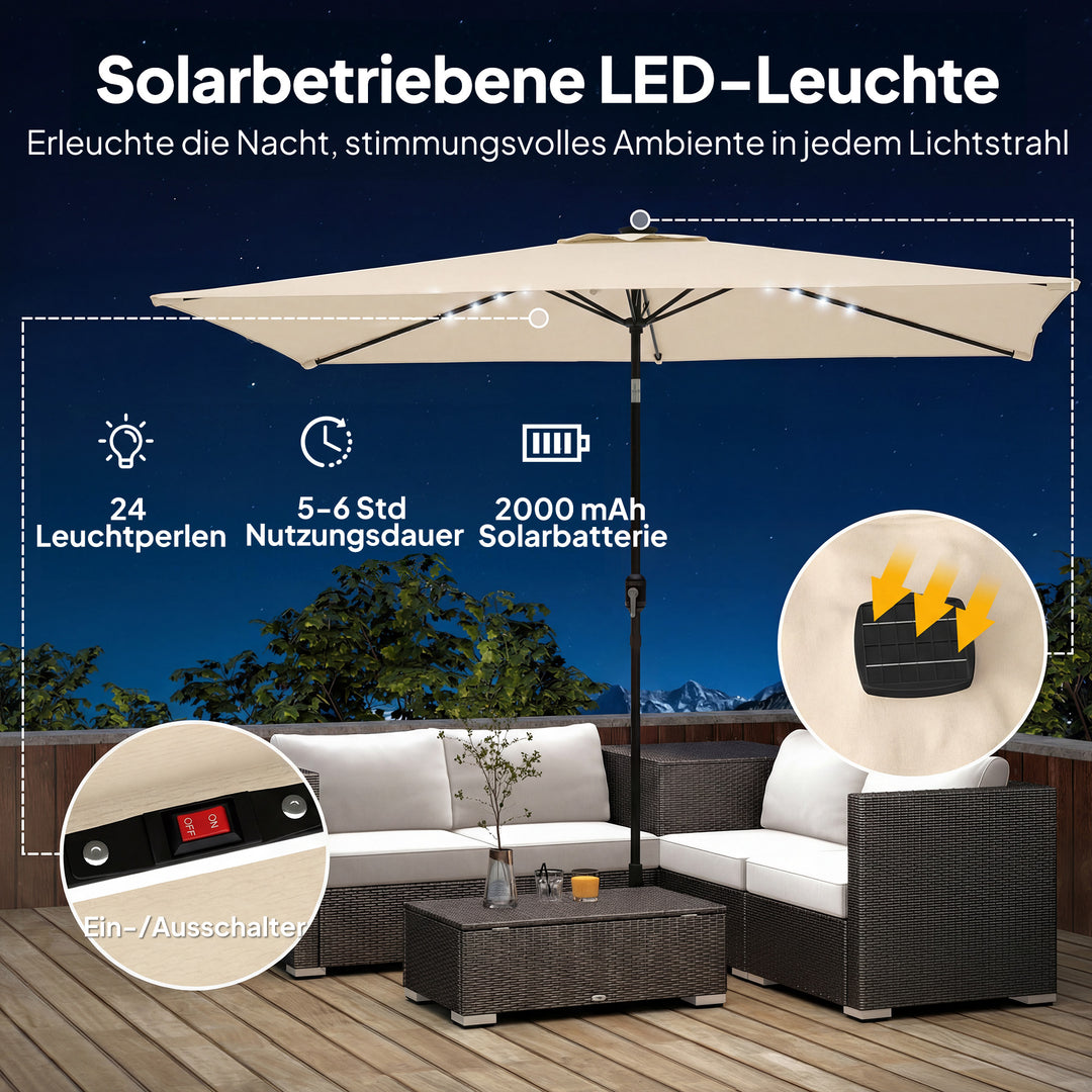LED solcelleparasol, ca. 300 x 200 cm, vipbar balkonparasol med håndsving, beskyttelsesovertræk, UV-beskyttelse, drejelig, cremehvid