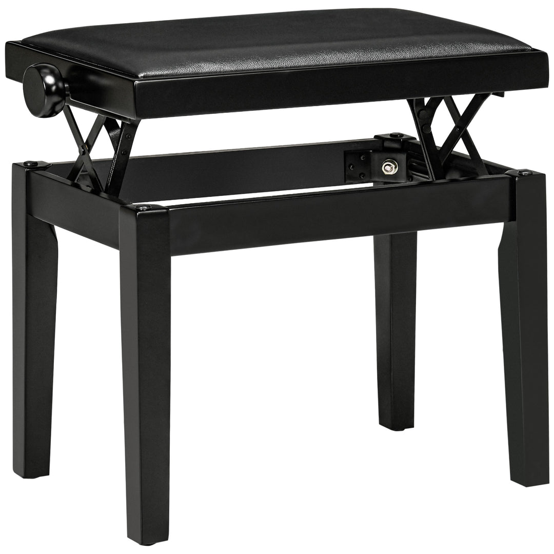 Klaverbænk, højdejusterbar klaverstol, elegant højglans, kunstlæder + gummitræ, sort, 63 x 33 x 56 cm