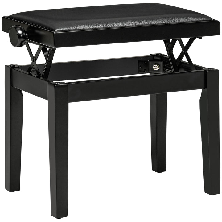 Klaverbænk, højdejusterbar klaverstol, elegant højglans, kunstlæder + gummitræ, sort, 63 x 33 x 56 cm