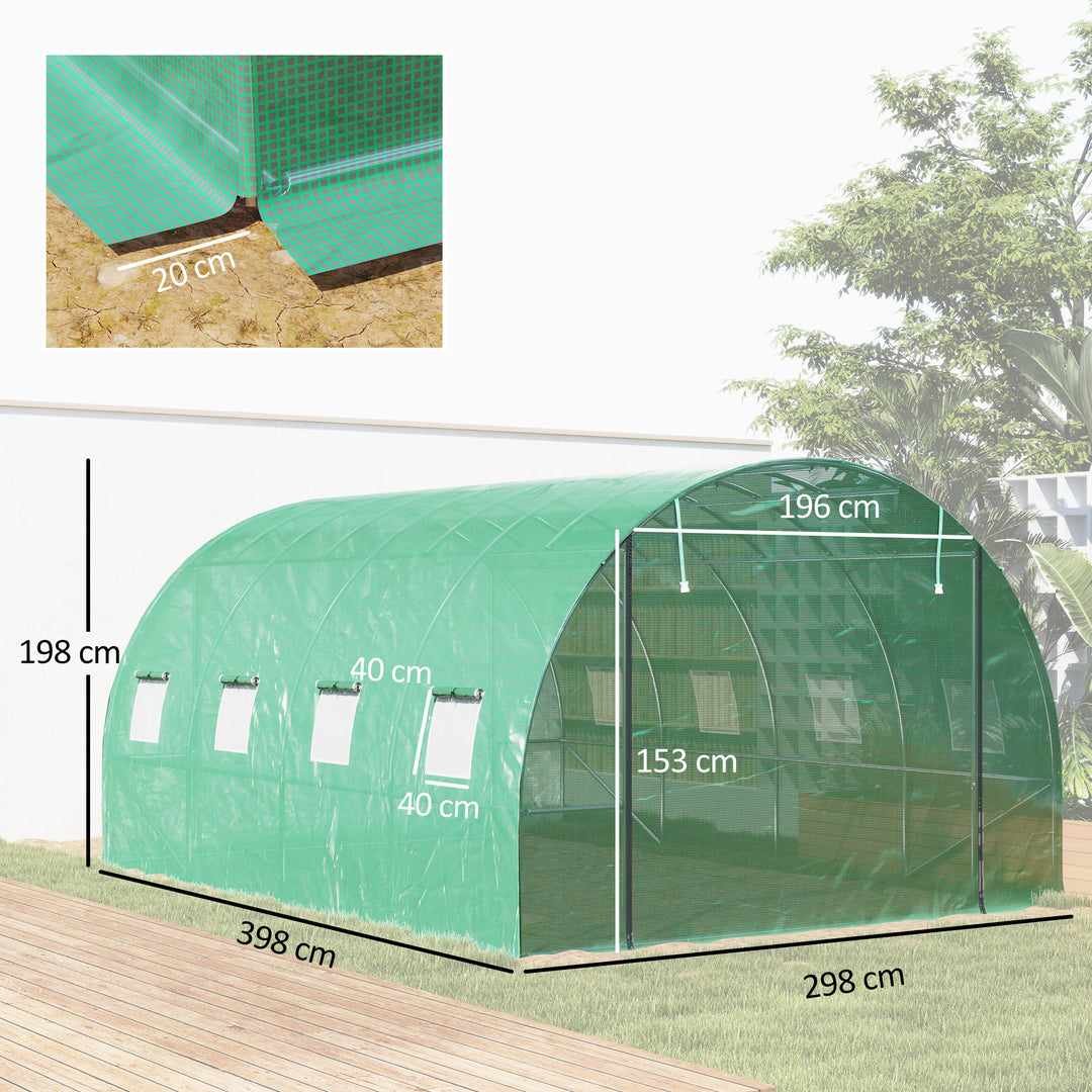 Polytunnel drivhus med plastikdæksel og stålramme, walk-in drivhustelt med rulledøre, grøn