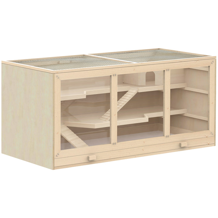 Hamsterbur af træ, 3 niveauer, gnaverbur med rengøringsbar hylde, smådyrsbur med foldelåg, trappe, træbur, bur til hamstere, dværghamstere, 115 x 57 x 55 cm, naturtræ