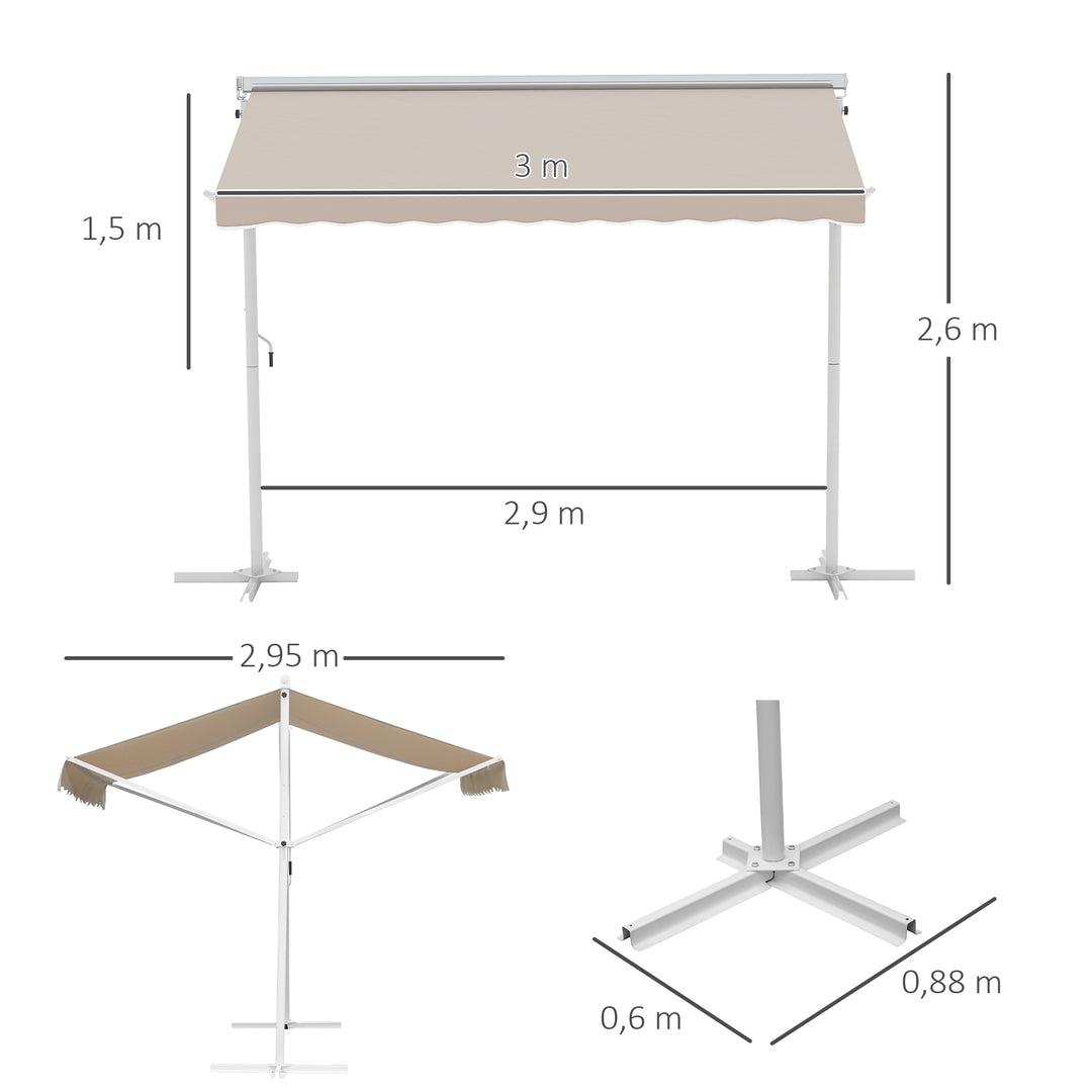 Fritstående markise, havemarkise, markise med foldearm og håndsving, terrasse, cremefarvet, 3x3m