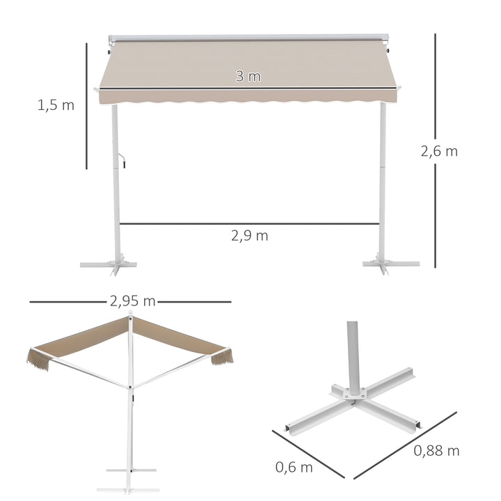 Fritstående markise, havemarkise, markise med foldearm og håndsving, terrasse, cremefarvet, 3x3m