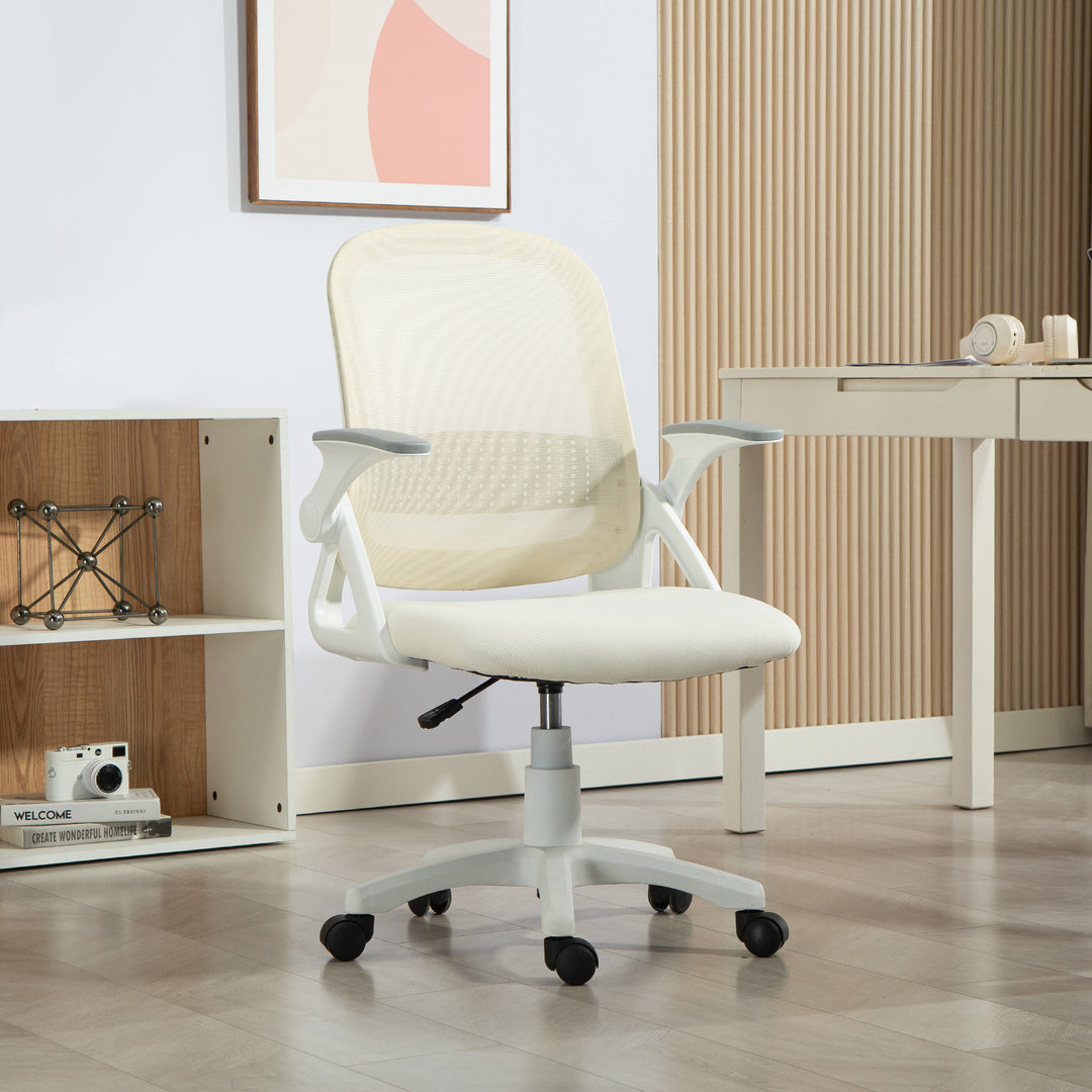 Åndbar netkontorstol, ergonomisk drejestol med foldbare armlæn og lændestøtte, hvid