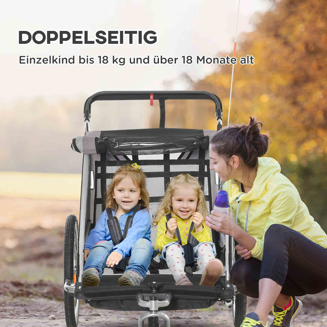 Børnecykeltrailer, skubbetrailer, med bremser, foldbar, til 2 børn, grå/sort