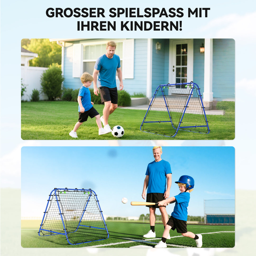 Dobbeltsidet rebounder til fodbold, justerbar reboundvæg med 5 vinkelpositioner, 100 x 68-95 cm kickback-mål til ungdom, reboundvæg til håndboldtræning, blå