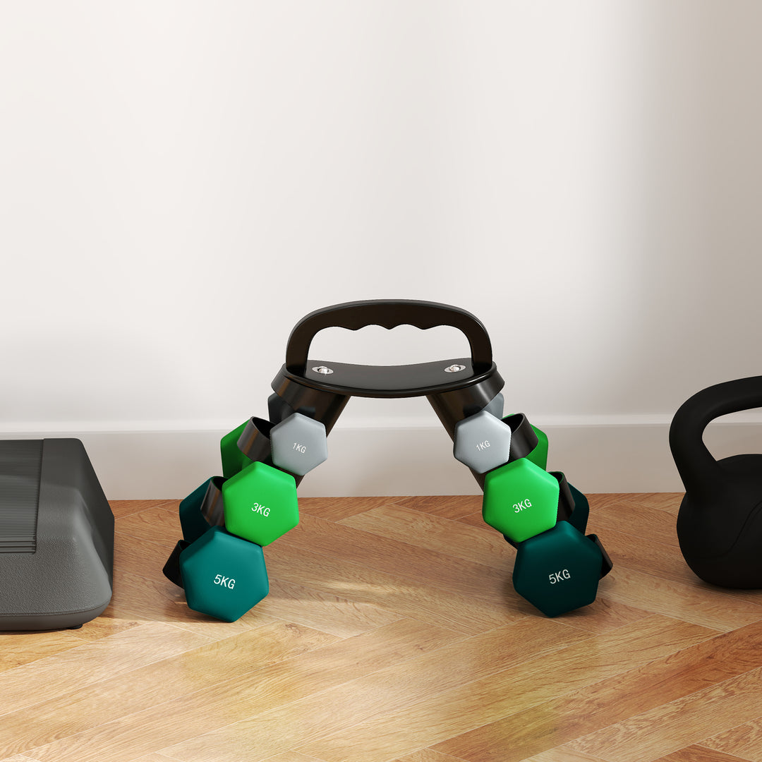 Håndvægtsæt med opbevaringsstativ, sæt med 6 håndvægte til fitnesstræning, 2 x 1 kg, 2 x 3 kg, 2 x 5 kg