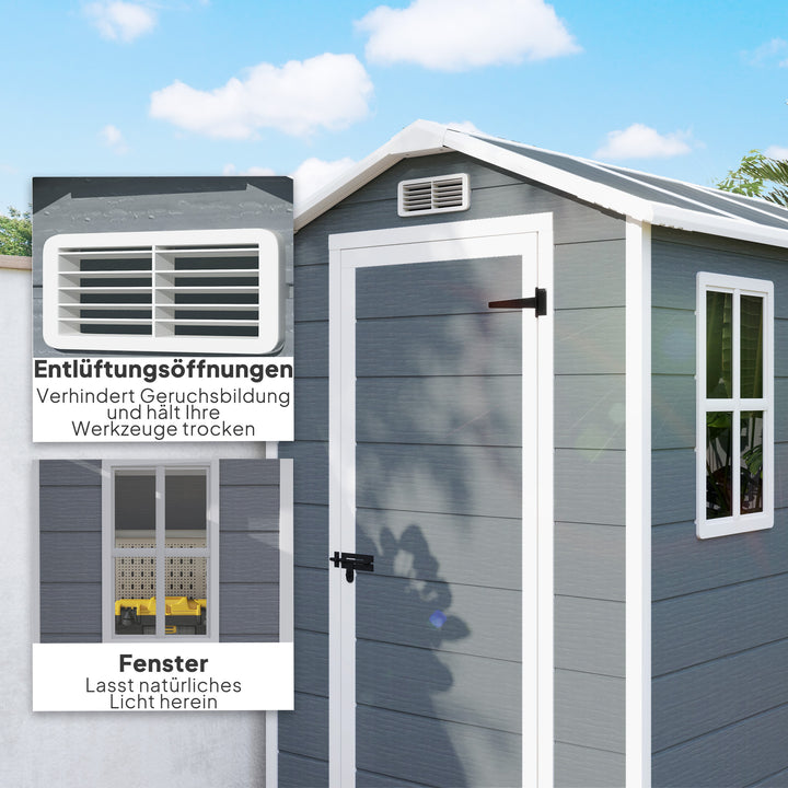 Haveskur, plastik havehus med gulv, vindue, aflåselige døre, til haven, 131b x 186d x 198h cm, grå