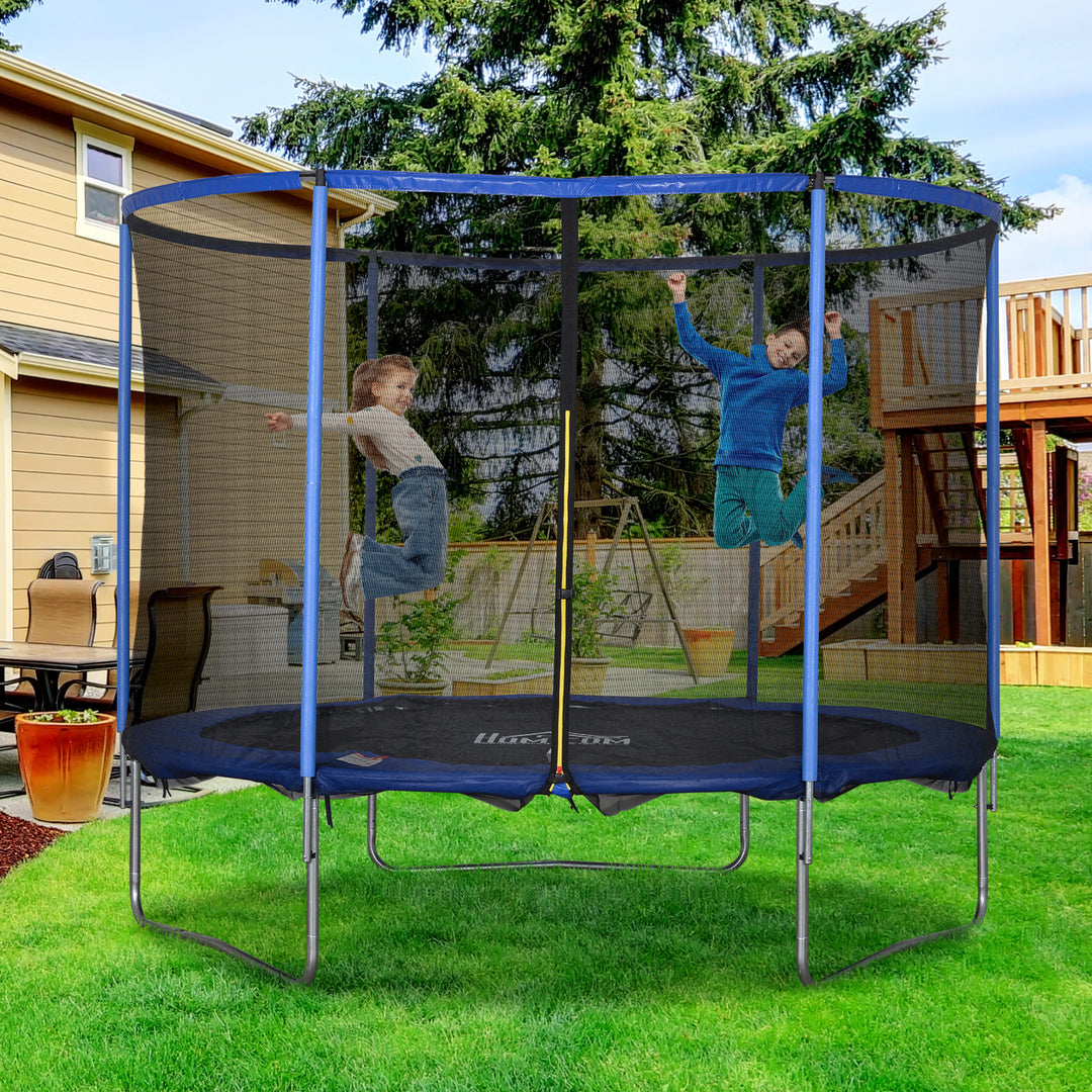 Trampolin med sikkerhedsnet havetrampolin til indendørs og udendørs brug fitnesstrampolin til børn og voksne stål blå+sort op til 113,6 kg ø305 x 248h cm